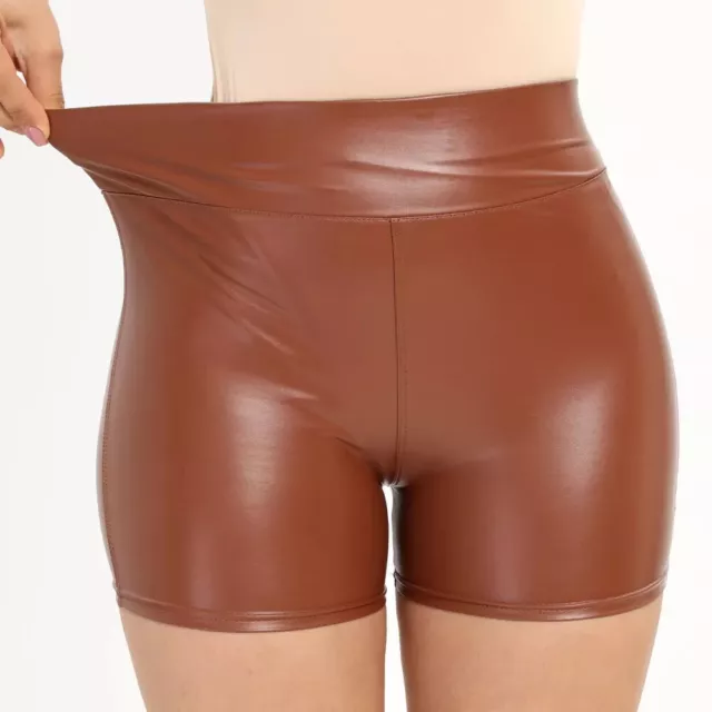 pantaloni corti leggings donna marrone pelle sintetica elasticizzati D139