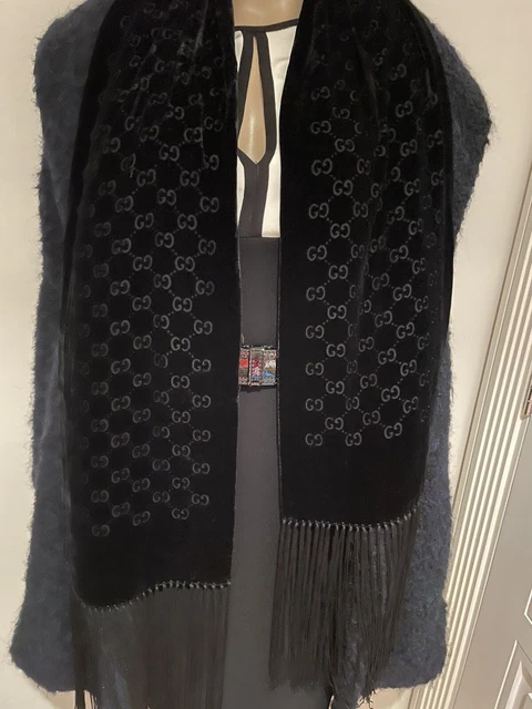 100% Authentic GUCCI Guccissima Logo UNISEX Black Velvet Scarf  Fringe Tassel