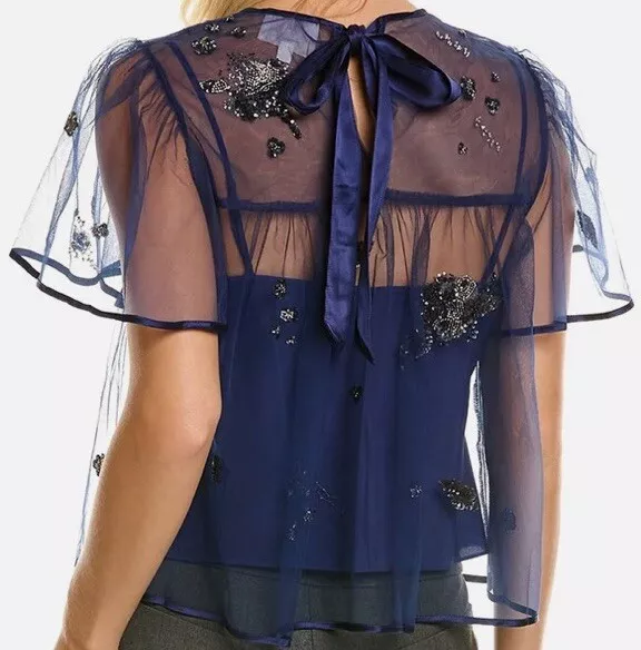 Cinq A Sept Karson Blouse Top XS Embellishments Navy Blue Sheer Exquisite 2