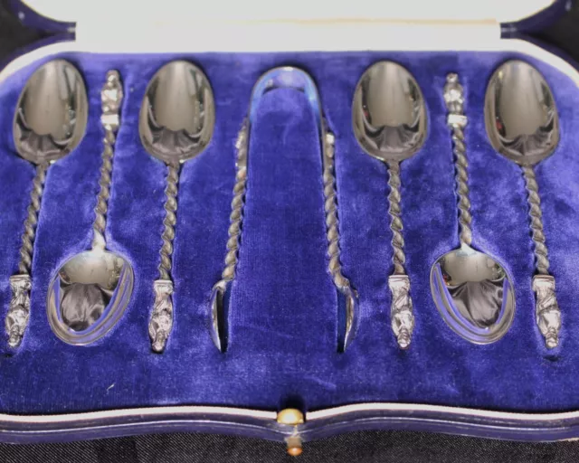 Cased Set of 6 Silver Apostle Spoons & Sugar Tongs, Hallmarked London 1908