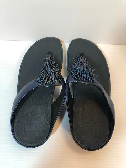 FITFLOP Cha Cha Thong Blue Beaded Tassel Wedge Comfort Slip On Sandal Women's 10