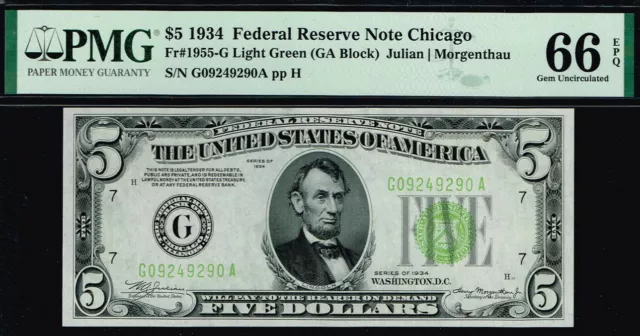 LGS. LIGHT GREEN SEAL. $5 1934 Chicago FRN. Fr. 1955-G. PMG 66 EPQ