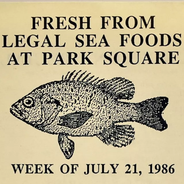 1986 LEGAL SEA Foods Restaurant Menu Park Plaza Square Boston ...