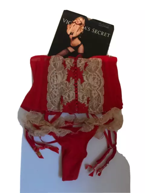 Victorias Secret RARE Seduction Waist Cincher Garter Panty Stockings Set Red NWT