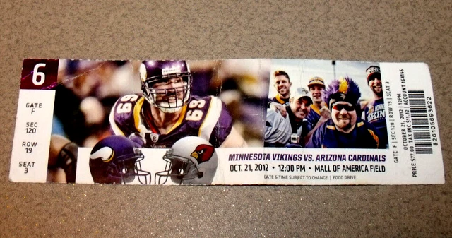 MINNESOTA VIKINGS 10/21/2012 Full Ticket vs AZ Cardinals Adrian