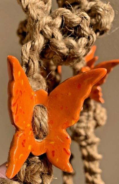 Macrame Jute Plant Hanger HANGING POT HOLDER 60” Ceramic Orange BUTTERFLY (#256) 6