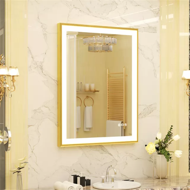 Gold Frame Lighted LED Bathroom Mirror Aluminum Alloy Beveled Edge Makeup Mirror 3