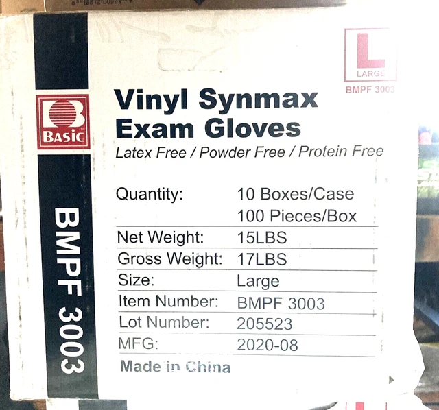 Basic-brand case of 1000 Vinyl Exam Gloves (size L) Latex, Protein & Powder Free