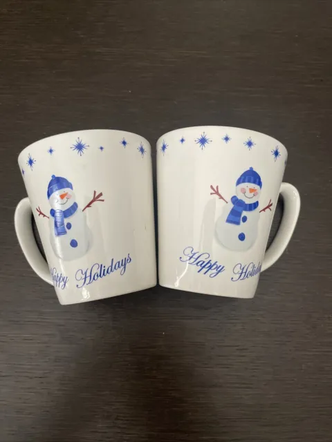 Set of 2 Pacific Island Creations Snowman Snowflake White Happy Holidays Mug Cup