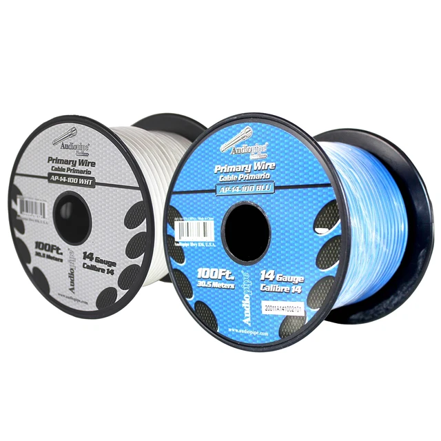 Bote de cable remoto de alimentación a tierra primaria Audiopipe (2) 14ga 100 ft CCA azul/blanco