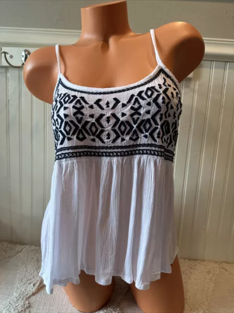 Sim & Sam Women's white Gauze Embroidered Tank Top Spaghetti Strap Size S