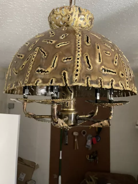 Vintage Atlas Tom Greene MidCentury Brutalist Metal 5 Light Pendant Chandelier