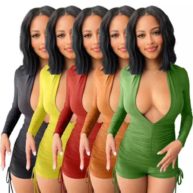 Sexy Women's Long Sleeve Deep V-neck Bodycon Pleated Bandage Club Short Jumpsuit