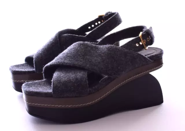 MARNI Gray Wool Platform Wedge Criss Cross Sandals Size 37 US 6.5 2