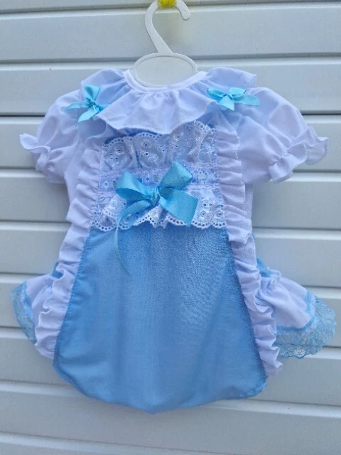 12-18 months BABY GIRLS SPANISH BLOUSE AND SKY BLUE FRILLY BUM ROMPER SET