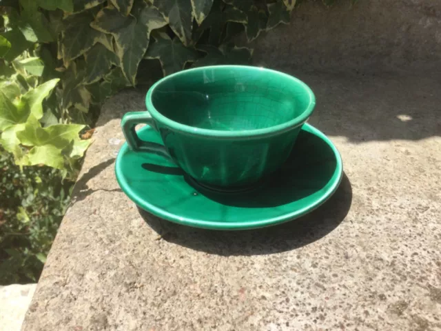 2 ANCIENNES TASSES à CAFÉ avec SOUCOUPES ART DÉCO FAÏENCE ST CLÉMENT FRANCE VERT 3