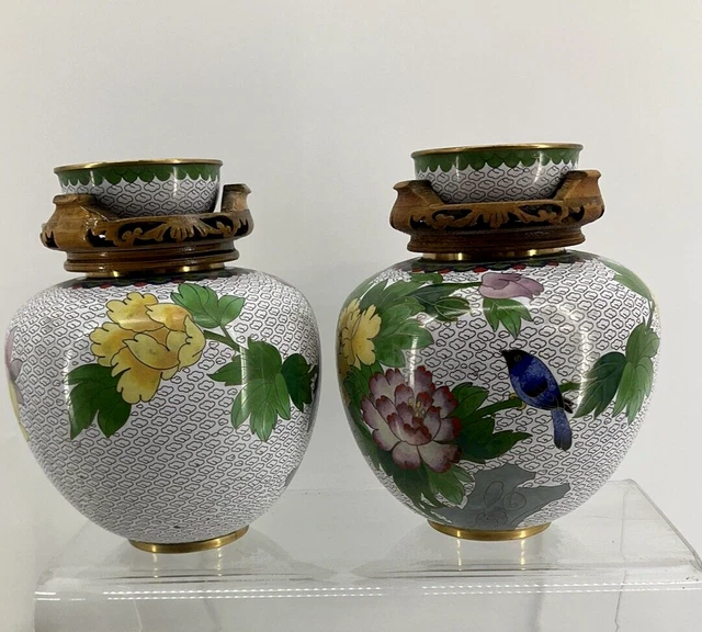 Coppia Abbinata Vasi Smalto Vintage Cinesi JINGFA Cloisonne Ottone Fiore