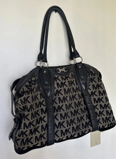Michael Kors Signature Black & Beige Jacquard & Leather Satchel Purse