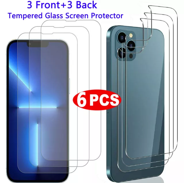 6 Pack Front+Back Screen Protector Tempered Glass For iPhone 15 Pro Max 14 13 12