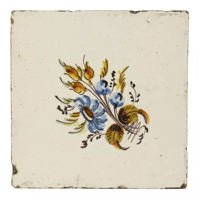 Large English Attributed Floral Painted Delft Tile 18Th C.