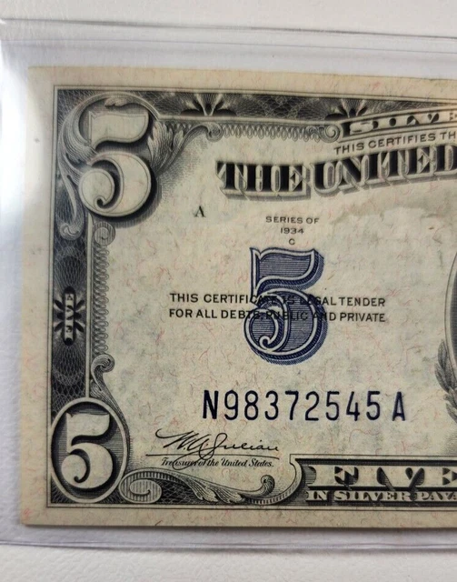 1934-C U.S. Five Dollar Silver Certificate - Blue Seal 3