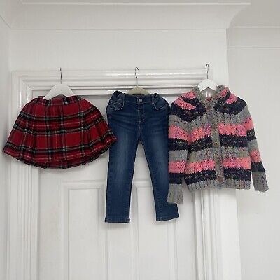 Girls, Bundle Tops Hooded Jumper, Tartan Skirt & Jeans  Age 3-4
