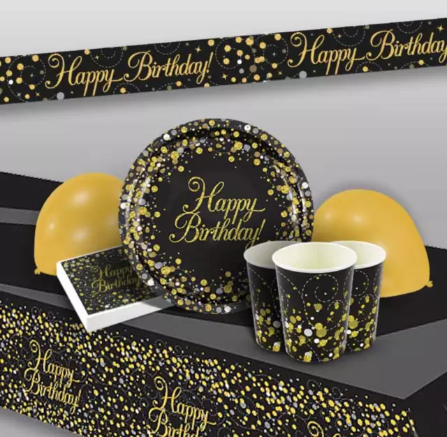 Black & Gold Birthday Party Tableware Decorations Plates Cups Napkins Tablecover