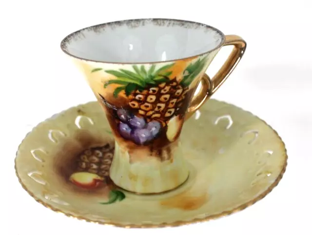 Vintage Enesco Japan Demitasse Cup Reticulated Saucer Fruit Gold Hand Painted