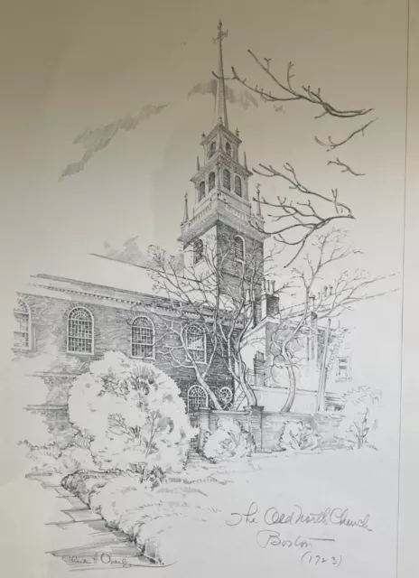 The Old North Church 1723 Drawing Signed Charles H Overly Matted & Framed