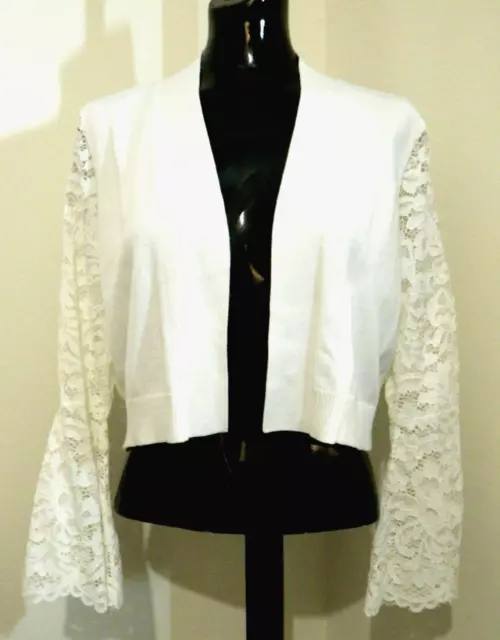 Calvin Klein • White Lace Bell Sleeve Crop Day to Night Cardigan Sweater MEDIUM