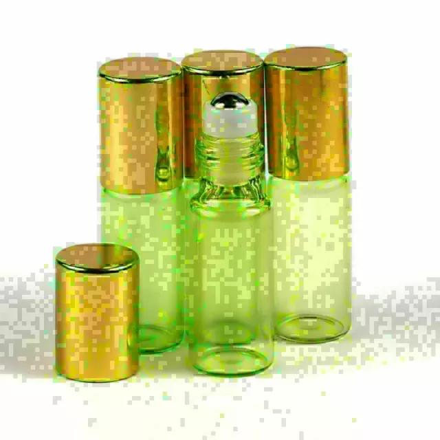 30pcs 5ml Green Glass Roll On Bottles Metal Roller Ball Essential Oils Gold Cap