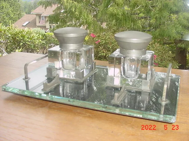 Vintage Mid Century Modern Deco Glass And Pewter Inkwell Set