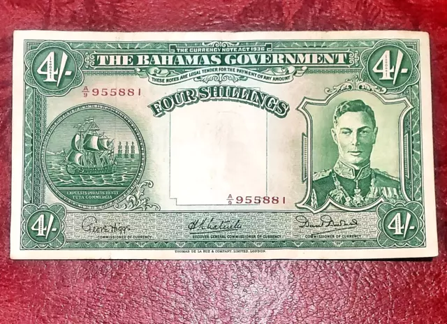 BAHAMAS GOVERNMENT 4 SHILLINGS 1936  P-9e KING GEORGE VI - BOLD EXTREMELY FINE