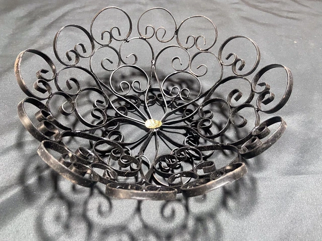 Vintage Spain Wrought Iron Scroll Black Metal Fruit Bowl Footed Basket