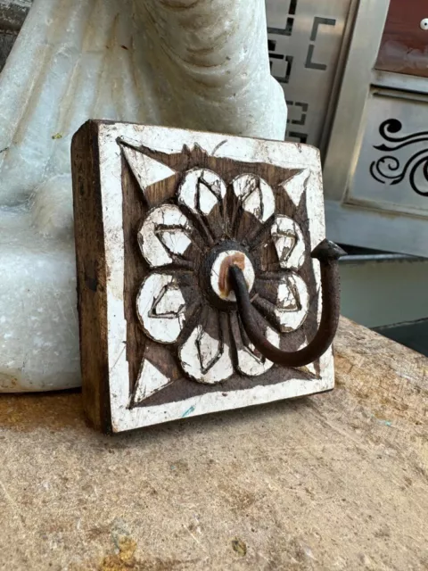 Antique Old Wooden Hand Carved  Floral White Design Wall Hanging Hook Hanger