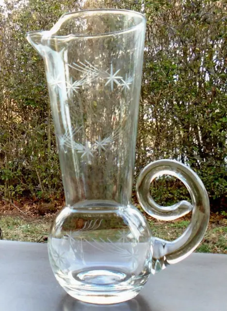 Mid Century Glass Pitcher With Engraved Shooting Stars Retro Atomic