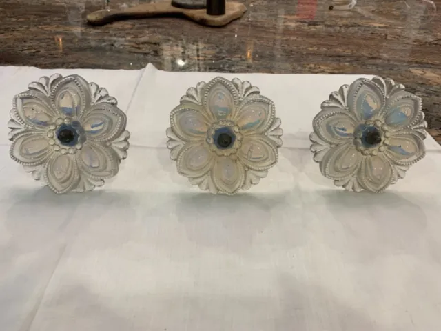 Antique Boston and Sandwich opalescent glass flower tie backs with pewter posts