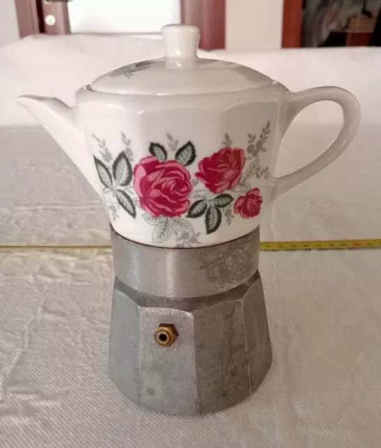 CAFFETTIERA/MOKA CERAMICA BIANCA E FIORI VINTAGE (s51)