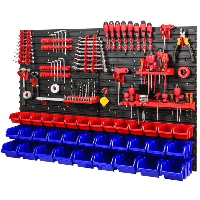PAFEN Parete Portautensili In Metallo, 116x77 Cm, Set 43 Pezzi Con Scaffali E Ganci, Rosso/Nero