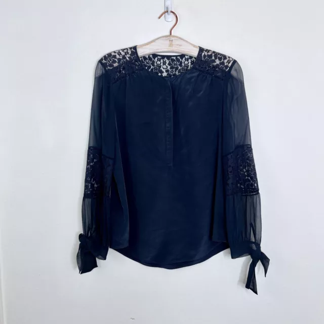 Rebecca Taylor Sarah Silk Lace Panel Blouse Size 6 Navy Blue Long Sleeve Top