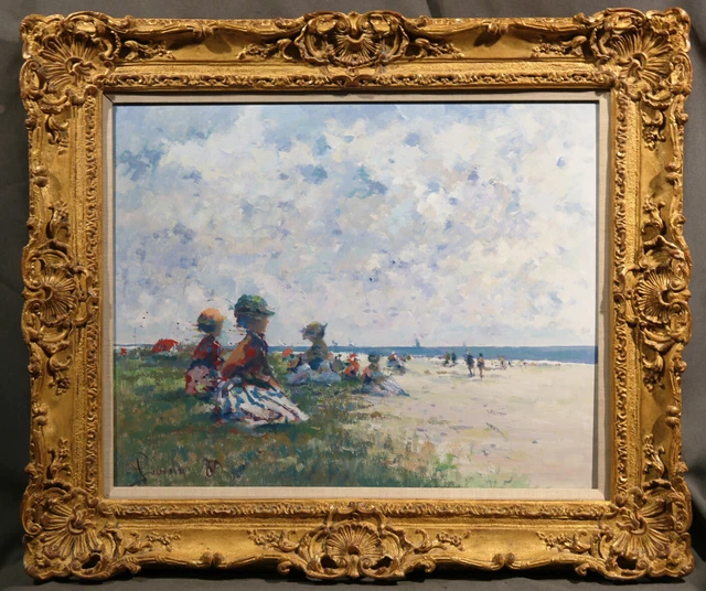 Antique Early 20th Century Beach Scene Oil on Canvas Edwardian Girls Sun Bathing