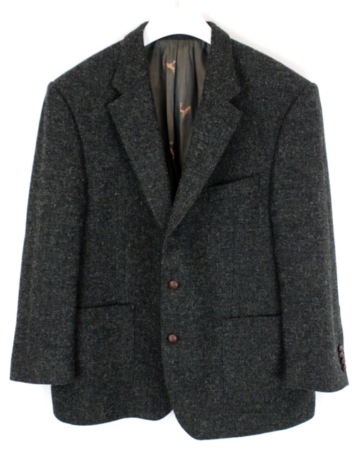 Harris Tweed Giacca Uomo Grande Lana Monopetto Dentellato Bavero Gomito Patch