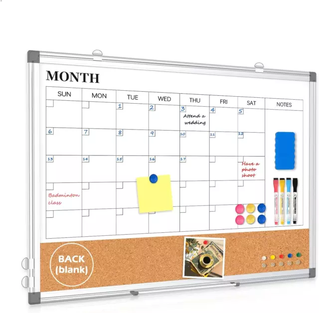 Monthly Calendar Whiteboard Dry Erase Cork Board Combo for Wall, 24" X 18" Magne