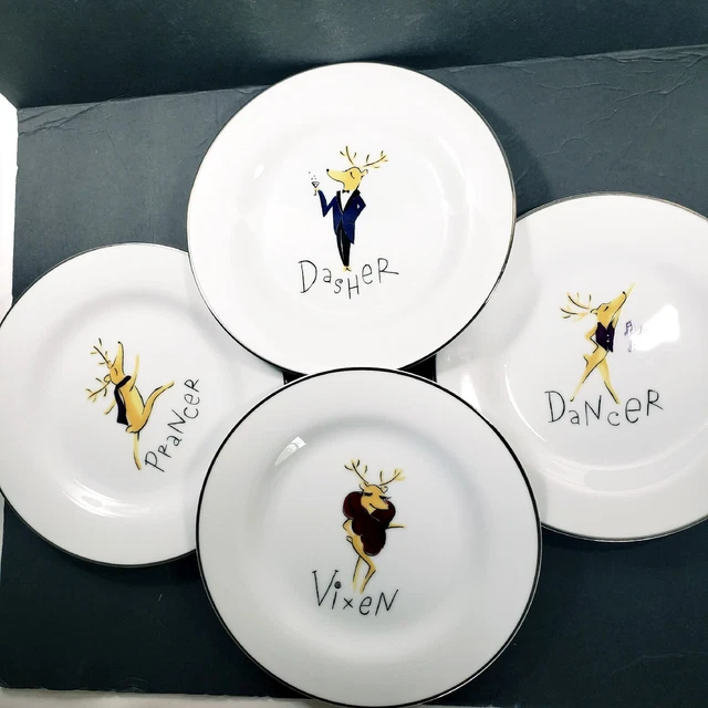 4 Pottery Barn JAPAN Reindeer Dessert Plates Vixen Dancer Dasher Prancer