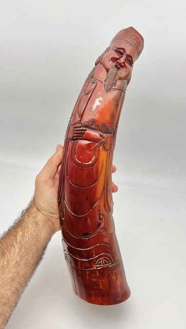 Antique Old Chinese Asian Carved Buffalo HORN Statue Immortal Scholar Man 16"