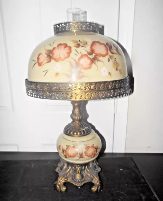 Gwtw Rare Antique 3-Way Parlor Size Milk-Glass Floral Themed Hurricane Lamp