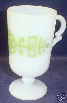 Vintage White Milk Glass Pedestal Cup Mug Green Design Coffee Tea