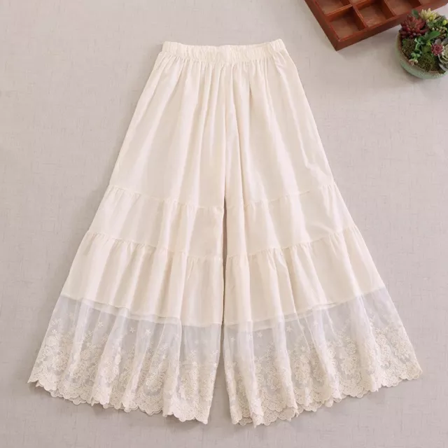 Women 100% Cotton Wide Leg Lace Capri Pants  Pettipants Split Skirt Shorts