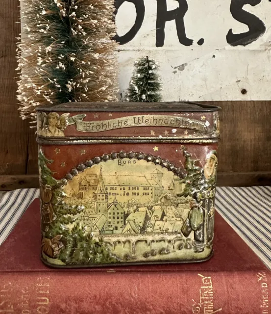 Christmas antique raised design tin BURG Fröhliche Weihnachten Blue Santa Claus