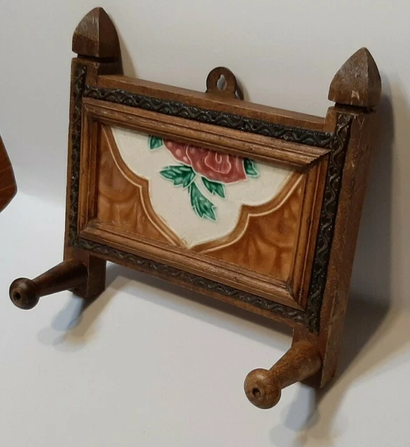 Victorian tile wood dog leash coat hat hooks holder rose flower antique 3